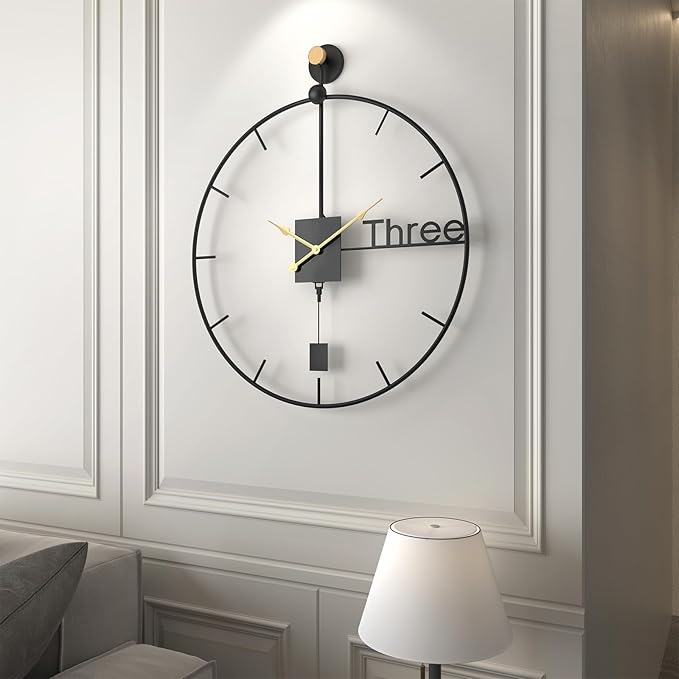 Wall Clock with Swing Pendulum, 20 inch Modern Battery Operated Silent Non-Ticking Metal Wall Clock for Living Room Decor, Decorative Hanging Clock for Bedroom, Office, Kitchen, Home