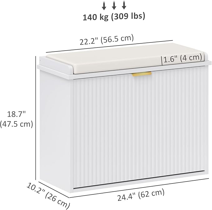 HOMCOM Narrow Shoe Bench with Padded Seat Cushion and Flip-Drawer, Small Entryway Bench Holds up to 265lb, Shoe Cabinet, 24.4x10.2x18.7 Inches, White
