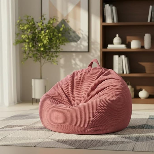 Stuffed Animal Storage Bean Bag Chair Cover, Cover Only (No Filler), Corduroy Toy Organizer Floor Cushion Seat, 48 in/120 cm Slipcover for Teens & Adults, Pink