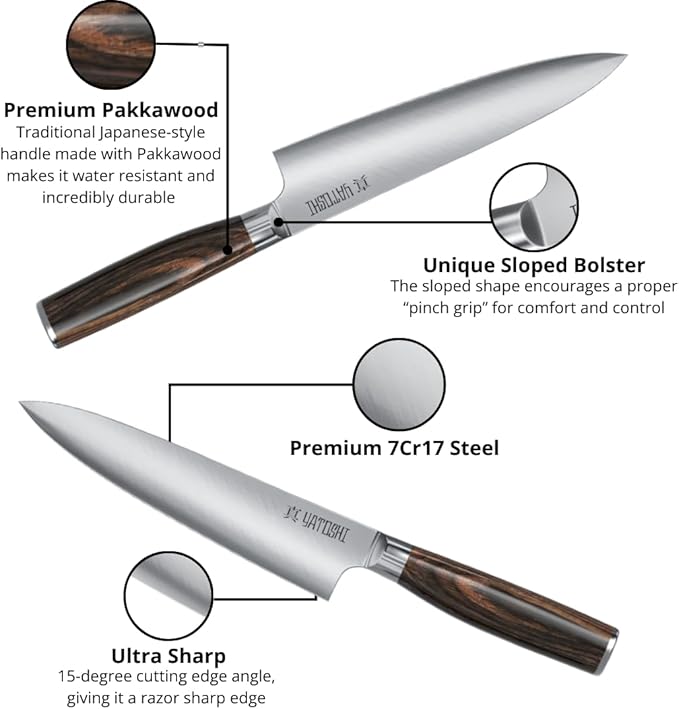 Yatoshi Kitchen Knife Set - 7 Piece, Ultra Sharp High Carbon Stainless Steel, Hidden Tang with Pakkawood Handles