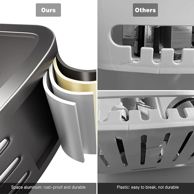 Voldra Adhesive Corner Shower Caddy, 2 Pack Corner Shower Shelves for Inside Shower No Drilling, Aluminum Stick On Showers Organizer Corner with Towel Bar & Hooks Removable Bathroom Storage Rack(Gray)