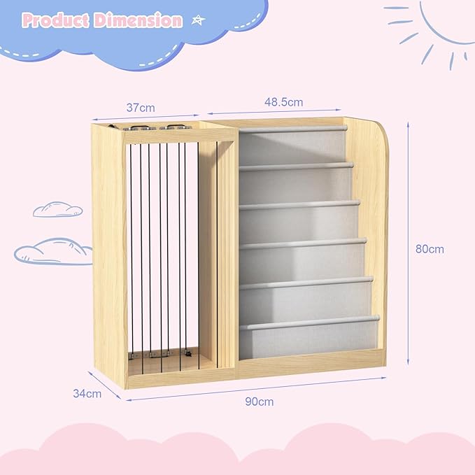 Natural Wood Kids Bookshelf & Stuffed Animal Net Holder Plush Toy Storage Organizer Child Bookcase Toddler Baby Sling Book Rack for Playroom Bedroom Nursery Infant Boys Girls Preschool