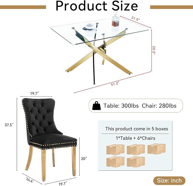 Goujxcy 51" Glass Dining Table Set for 6, Modern Kitchen Table and Chairs Set w/Steel Legs, 7-Piece Dining Table Set w/Glass Gold Dining Table and 6 Black Velvet Chairs for Kitchen Dining Room