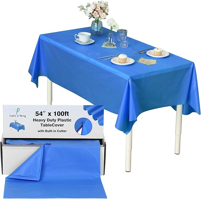 Craft And Party, 54 in x 100 feet Plastic Table Cover Roll for Party, Banquet, Picnic, Kids Activities for Any Size and Shape Table (Royal Blue, 54" x 100ft)