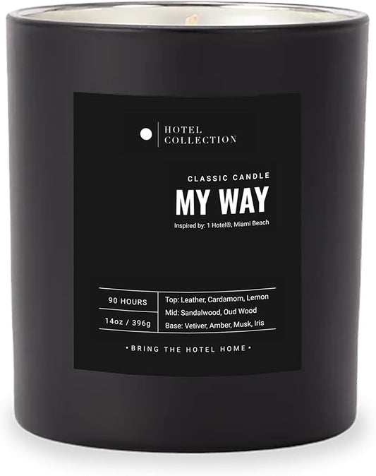 Hotel Collection - My Way Single Wick Classic Candle - Hotel Inpsired Luxury Candle - 90 - Hours Burn Time - Hints of Oud Wood, Leather, and Sandalwood - 14 oz - Black