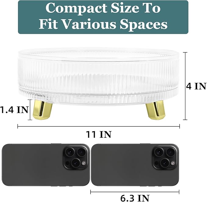Acrylic Lazy Susan Organizer, 11" Turntable Organizer for Kitchen Cabinet Tabletop Bathroom, Smooth Rotating Acrylic for Dining Table Pantry Spice Rack, 1-Tier Plastic Clear
