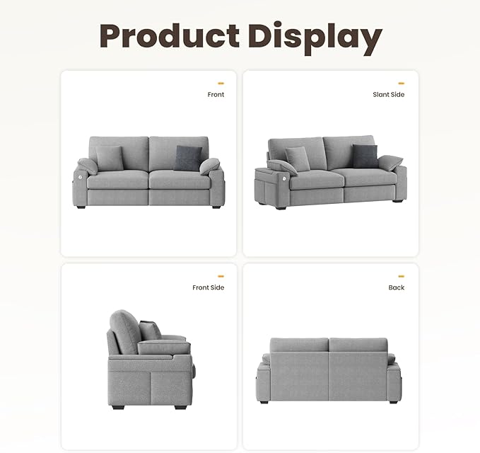 76" Loveseat Sofa, Cloud Foam Couch, 3 Seater Upholstered Midcentury Mondern Love Seat with USB Type C Ports, 4 Pillows and Flip-Open Storage Armrest for Living Room/Small Spaces, Grey