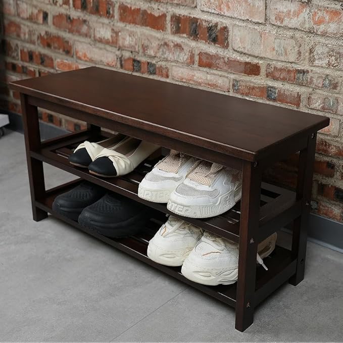 CONSDAN Wood Shoe Bench Rack, USA Grown Hickory, Entryway Bench with Shoe Storage, Mud Room Bathroom, Front Door, Outdoor/Indoor, Dark Walnut(Black)