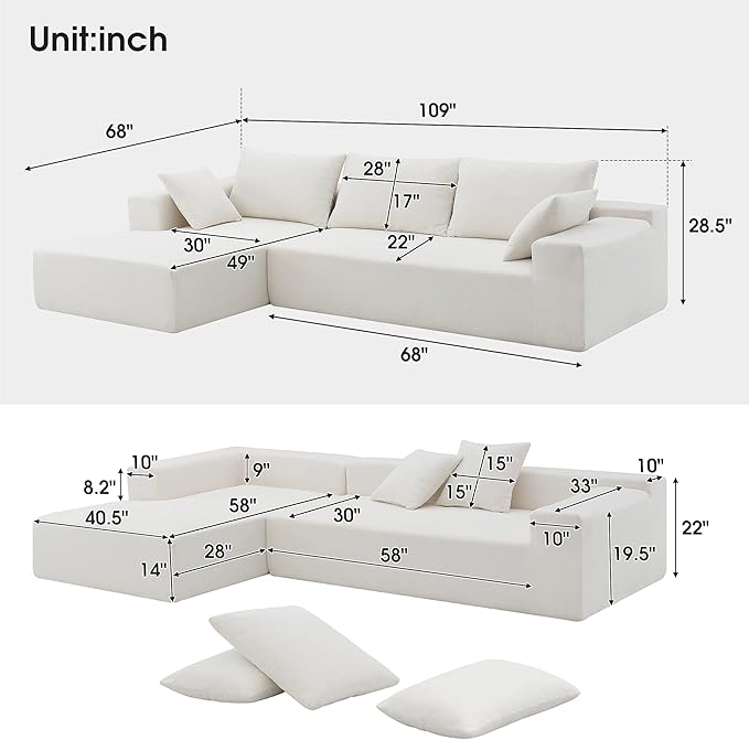 109 X 68'' Sectional Sofa, Chenille Fabric L Shaped Couch, 3 Seat Corner Sofa, Modern Upholstered Couch with 2 Pillow Left Hand Lounge for Living Room, Office