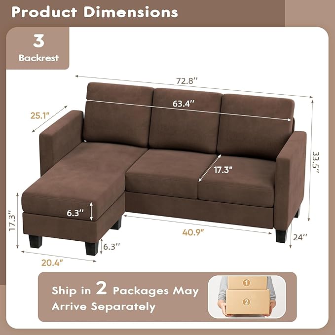 VICTONE Convertible Sectional Sofa Couch, 3 Seat L-Shaped Sofa with Linen Fabric Ottoman Small Couch for Small Apartments, Living Room and Office (Linen Fabric, Brown)