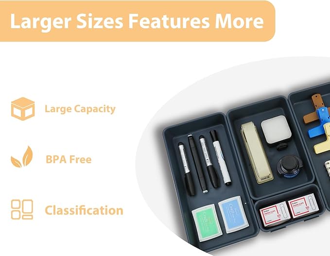6 PCS Large Drawer Organizer, 3 Sizes Plastic Versatile Desk Drawer Organizer Trays, Kitchen Drawer Organization and Plastic Storage Bins for Makeup, Vanity, Kitchen, Utensils, Office, Bathroom