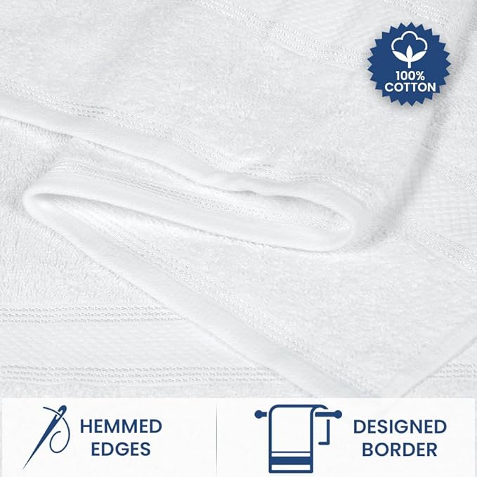 Casa Lino Bath Towel Set of 8 (2 Bath Towels, 4 Wash Cloths & 2 Hand Towels for Bathroom) - 100% Cotton - Highly Absorbent & Quick Dry - Guest Room Essentials for Bathroom Set - (White)