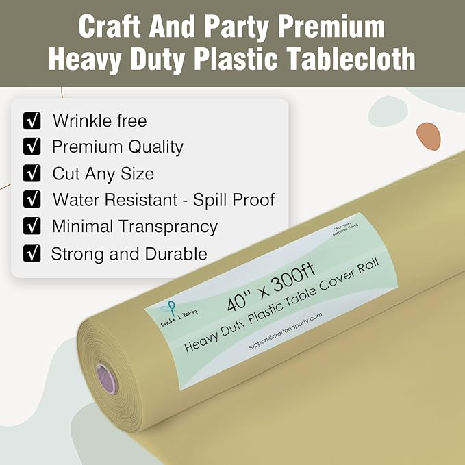Craft And Party Gold Plastic Table Cover Roll, 40Inch X 300Feet Disposable Plastic Tablecloth, Banquet Rectangle Tablecover Roll