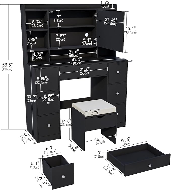 Vanity Desk with Mirror & LED Lights, Built-in Power Outlet, Dimmable LED Lighting, 7 Drawers & 7 Storage Compartments, Includes Padded Stool – Ideal Table for Bedroom Dressing Room (Black)
