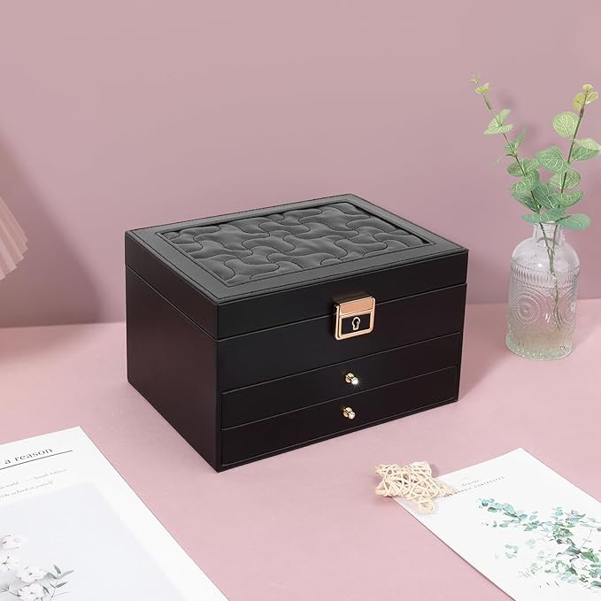 DesignSter Jewelry Box,Jewelry Organizer with 2 Drawers, 3 Layers Leather Jewelry Storage Box with Lock, Jewelry Storage Case for Necklaces Earrings Bracelets and Rings(Black)