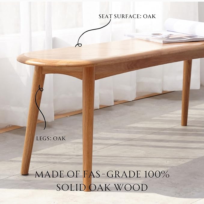 100% Solid Oak Dining Bench, Wood Bench for Bedroom End of Bed with Rounded Corners, Entryway Benches for Dining Room, Kitchen, Living Room (Natural Oak, 39.4")