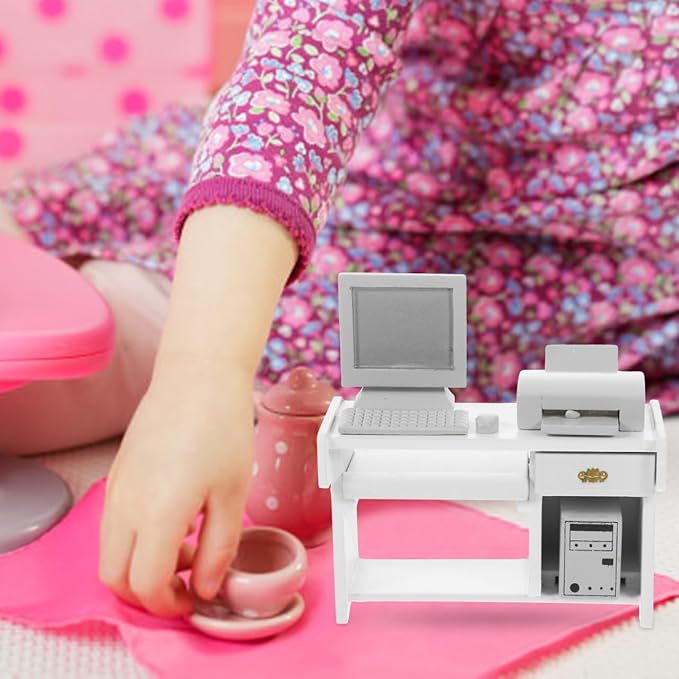 1 Set Miniature Office Desk: Dollhouse Computer Desk Mini Toys for Crafts - Tiny House Wood Computer Model Miniature Office Furniture Ornament for Kids Doll House(White)