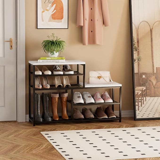 Shoe Rack Bench for Entryway,Free Standing Shoe Storage Organizer for Front Door Entrance,Boot Rack Holder Shelf for Closet with Seat,Sturdy Shoe Shelves for High Heels, Hallways,White Marble