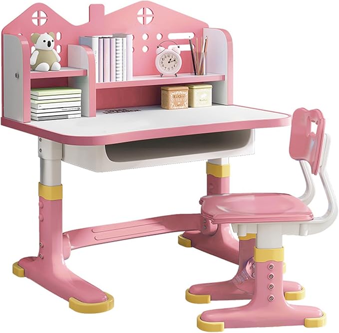 Kids Desk and Chair Set Adjustable School Study Desk with Castle Backboard, Wide Tabletop, Bookstand & Storage Drawer for Children's Room Pink (Pink)