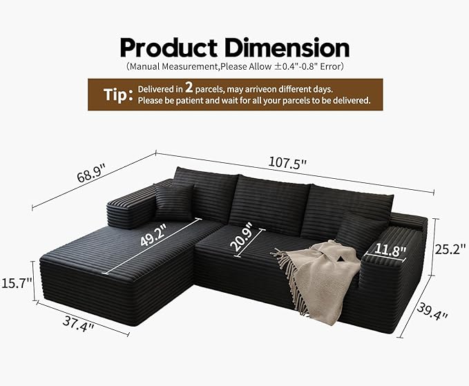 107.5" Cloud Sectional Couch with L-Shape Chaise,Modern Modular Sofa with Deep Seat, Upholstered Couches for Living Room Bedroom Apartments,No Assembly Required, (Black,Left Facing Chaise)