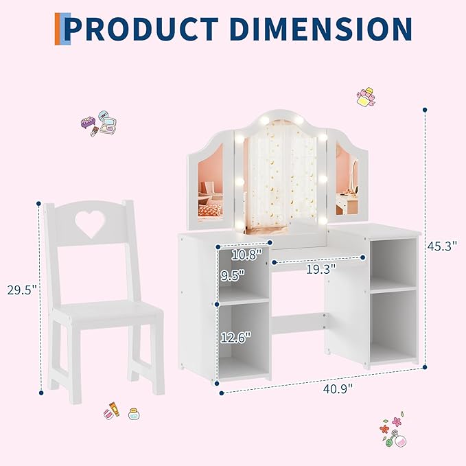 GarveeHome Kids Vanity with Lights Storage Cabinet & Touch Light Detachable Tri-Folding Mirror, 2 in 1 Toddler Vanity Table & Chair Set Wooden Girls Vanity Dress Table for Girls