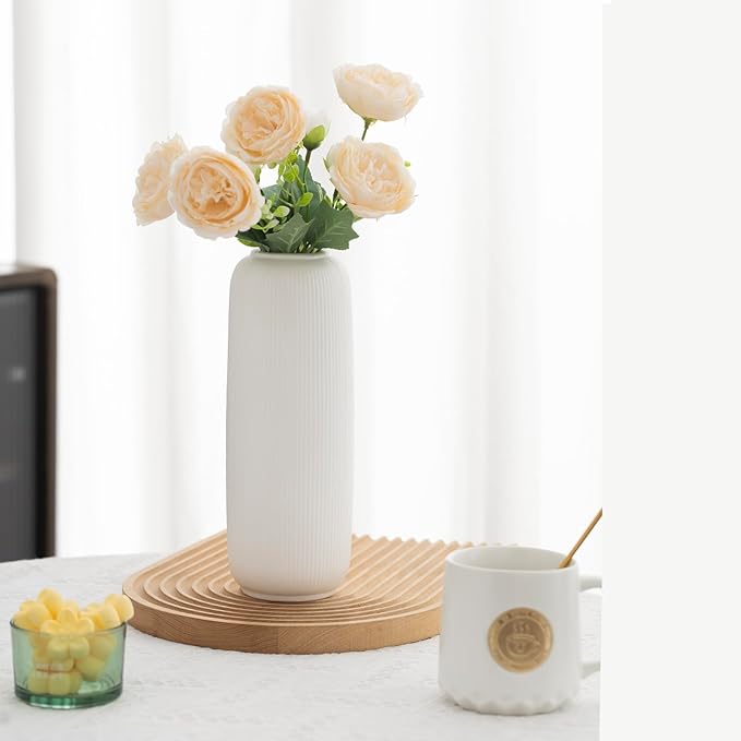 White Ceramic Vases for Flowers, 9.8 INCH Modern Small Ribbed Textured White Flower Vase for Home Decor, Pampas Grass, Decorative, Farmhouse, Coffee Table, Bookshelf and Home Living