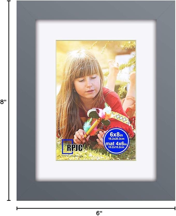 RPJC 6x8 inch Picture Frame Made of Solid Wood and High Definition Glass Display Picture 4x6 with Mat or 6x8 Without Mat for Wall Mounting Photo Frames Grey