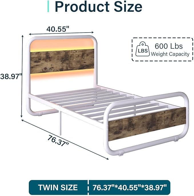Catrimown Twin Size Bed Frame, Twin Size Platform Bed Frame with LED and Wood Headboard, Metal Rustic Bed Frame with Under Bed Storage, Noise Free, No Box Spring Needed, Easy Assembly, White