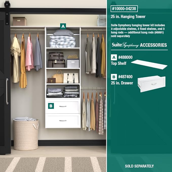 ClosetMaid SuiteSymphony Hanging Tower Organizer with (3) Closet Rods, and (6) Shelves, 81" to 121" W x 71.6" H x 14.6" D, White