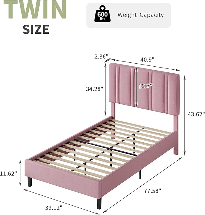 Twin Bed Frames with Tufted Headboard, Upholstered Platform Bed with Wooden Slats Support, Princess Bed Frame for Girls, Easy Assembly, No Box Spring Required, Pink