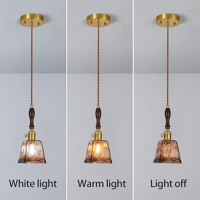 Amber Glass Vintage Pendant Light Height Adjustable Handmade Glass Pendant Lights Kitchen Island Gold Hanging Light Fixture with Wood Handle for Bedroom Dining Room Hotel (1 Pack)