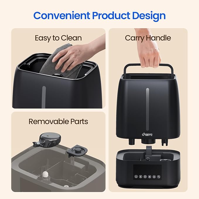 6L Top Fill Ultrasonic Humidifier - Cool and Warm Mist for Bedroom, Baby, Large Rooms & Plants, Smart Humidity Control, Aroma Diffuser, Night Light, 12H Timer, Quiet, Black