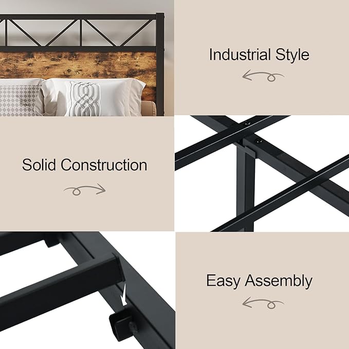 King Size Bed Frame, King Bed Frame and 51.2" Tall Industrial Headboard, King Platform Bed Frame with Strong Steel Slats Support, Noise Free, No Box Spring Needed, Easy Assembly, Rustic Brown