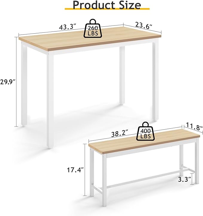 Rovibek 43" Dining Table Benches Set for 4, Modern Space Saving Kitchen Table Chairs & Adjustable Feet Breakfast Table 2 Benches, Wooden Industrial Style Farmhouse, White