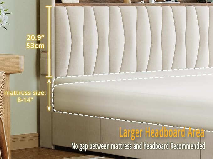 ANCTOR Full Size Bed Frame with 3 Drawers, Upholstered Platform Bed with Storage Headboard and Charging Station, No Box Spring Needed, Easy Assembly, Beige