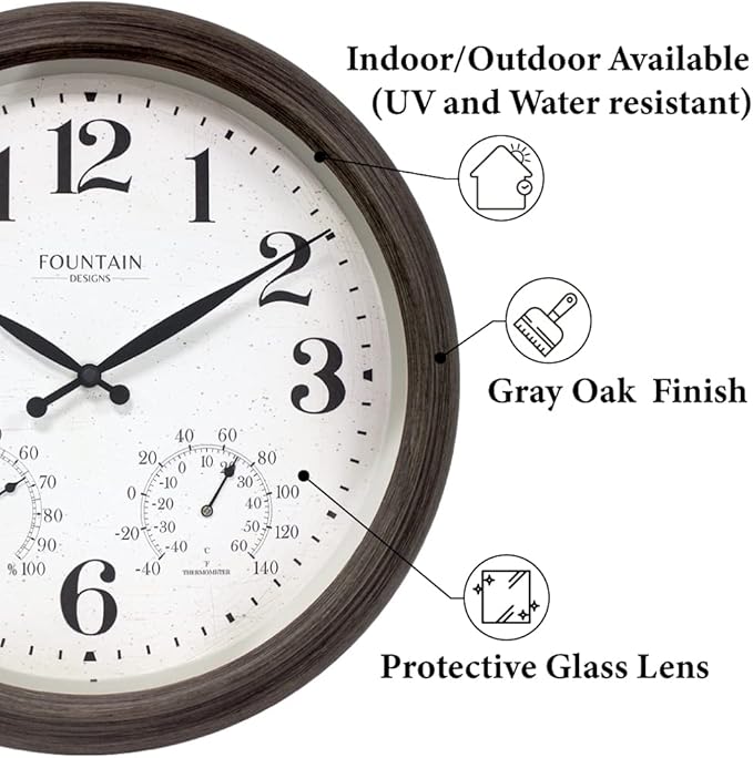 18 Inch Large Outdoor Clocks for Patio Large Waterproof with Thermometer,Outdoor Clock Thermometer Combo,Weatherproof for Patio,Pool and Garden Decor,Grey Oak