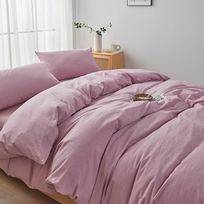FACE TWO FACE Bedding Duvet Cover Set 3 Pieces 100% Washed Cotton Duvet Cover Linen Like Textured Breathable Durable Soft Comfy (King, Pink Purple.)