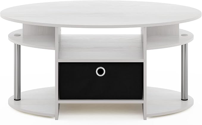 Furinno Jaya Simple Design Oval Coffee Table with Bin for Living Room, White Oak/Chrome/Black