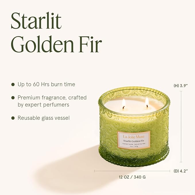 LA JOLIE MUSE Fir & Cedarwood Candle, Christmas Candles for Home Scented, Large 2-Wick Soy Candles, Luxury Jar Candle Gifts for Women & Men, 60 Hours Long Burning, Starlit Golden Fir, 12oz