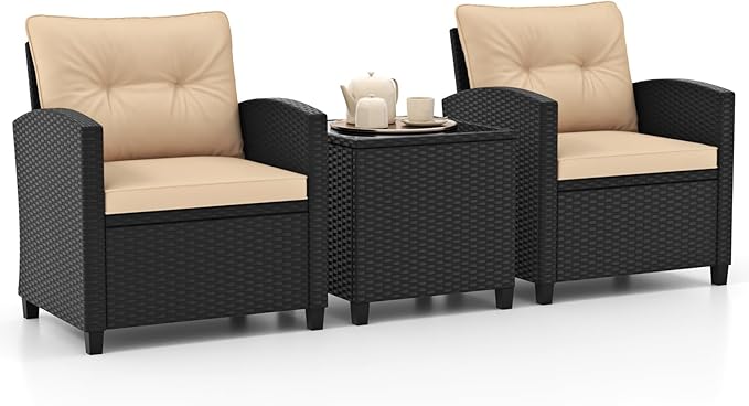 RELAX4LIFE 3-Piece Patio Furniture - Wicker Rattan Bistro Sofa Set w/Glass Top Coffee Table, Washable Cushions for Porch Balcony Backyard Poolside, Outdoor Conversation Set (Beige)
