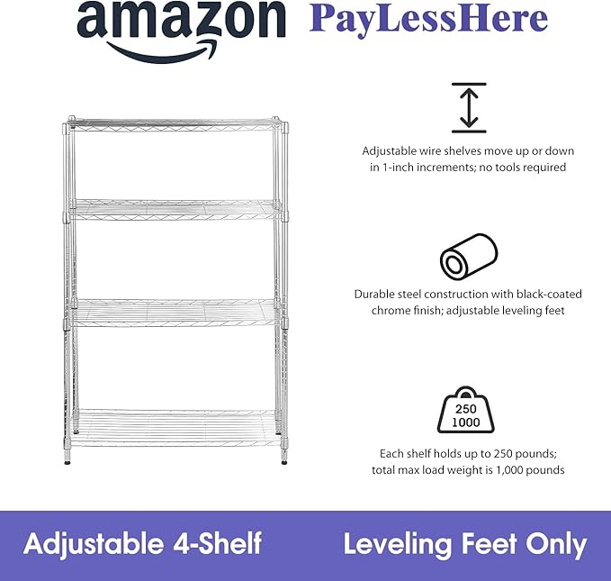 PayLessHere Shelves Shelf Storage Shelves 4 Tier Height Adjustable Shelving Unit NSF Certified 1000 lbs Total Load Capacity Stabilizing Leveling Feet Effortless Assembly (Chrome)