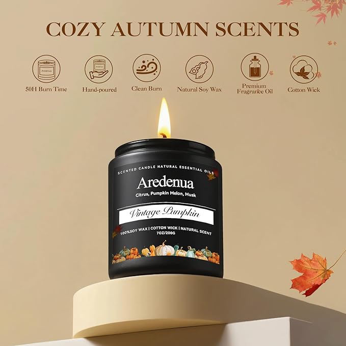 Vintage Pumpkin Candle - Fall Candle | Pumpkin Scented Candles for Autumn, 7oz Soy Candles for Home Scented, Fall Gifts for Women & Men, Cozy Seasonal Scent for Autumn Halloween