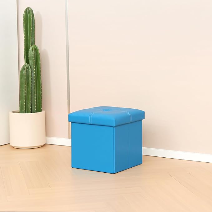 B FSOBEIIALEO Folding Storage Ottoman, Faux Leather Footrest Seat Coffee Table Toy Chest Kids, Blue 11.8"x11.8"x11.8"