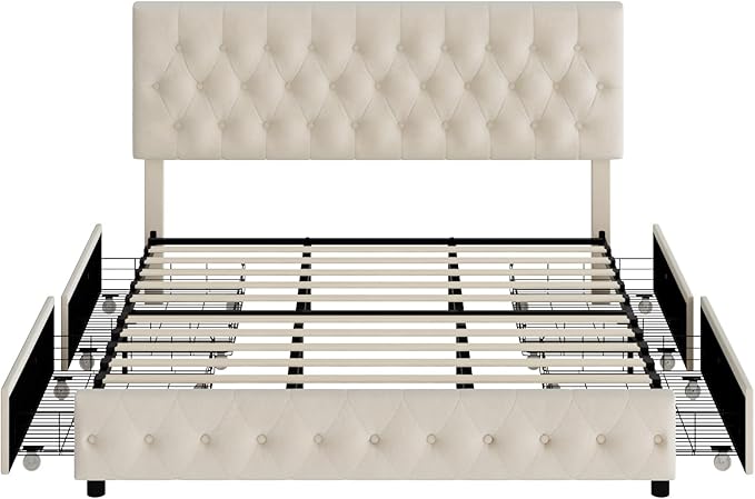 Keyluv Modern Upholstered Bed Frame with 4 Storage Drawers, Button Tufted Headboard Design, Solid Wooden Slat Support, Easy Assembly, Soft Velvet, Beige, King Size
