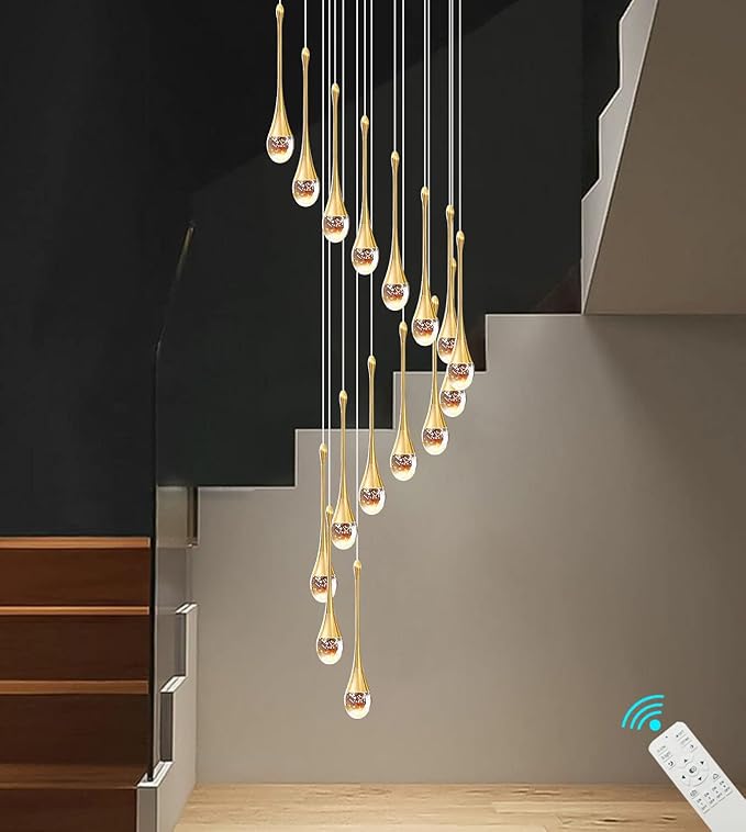 120'' Long Spiral Crystal Chandeliers 16-Lights Gold Bubble Raindrop Crystal Pendant Chandelier Staircase Slanted Ceiling Loft Fixtures LED Dimmable 2700-6000K