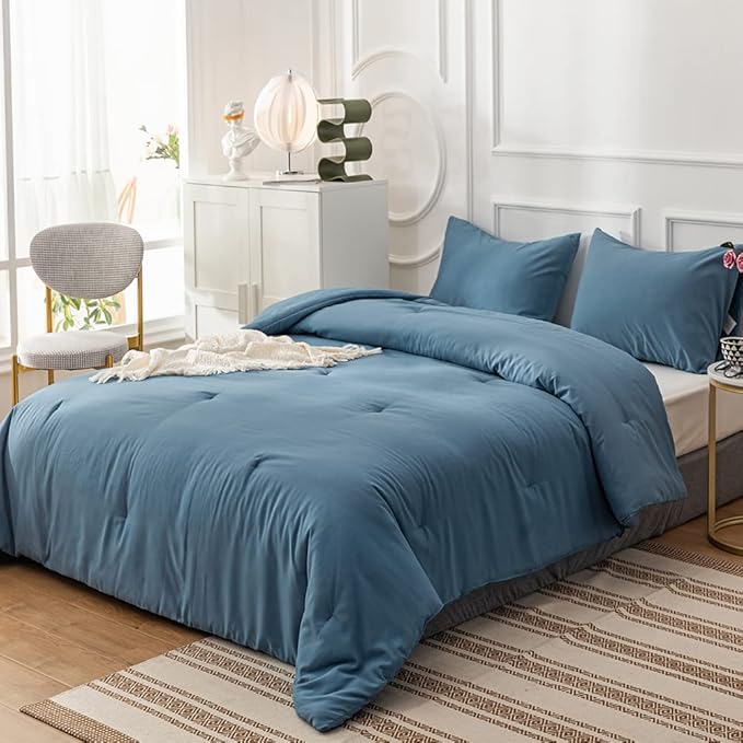 Blue Comforter Set Full Size Solid Lake Blue Comforter Set Soft Breathable Comfy Fluffy Lightweight Blue 3 Piece Comforter Set Full Size Women Men