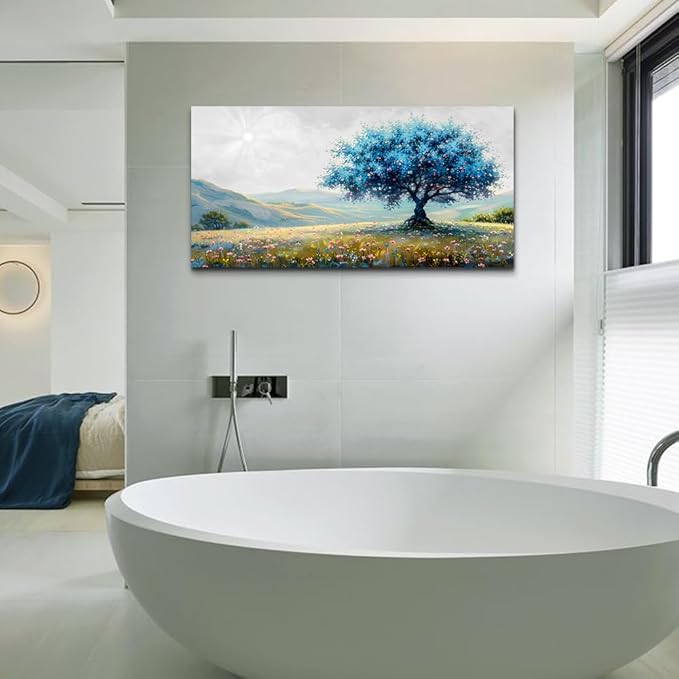 FUHAIHUA Large Wall Decor For Living Room Canvas Wall Art For Office Modern Wall Decorations For Bedroom Pastoral Landscape Painting Blue Tree Pictures Artwork Room Aesthetic Home Decor 24x48 In