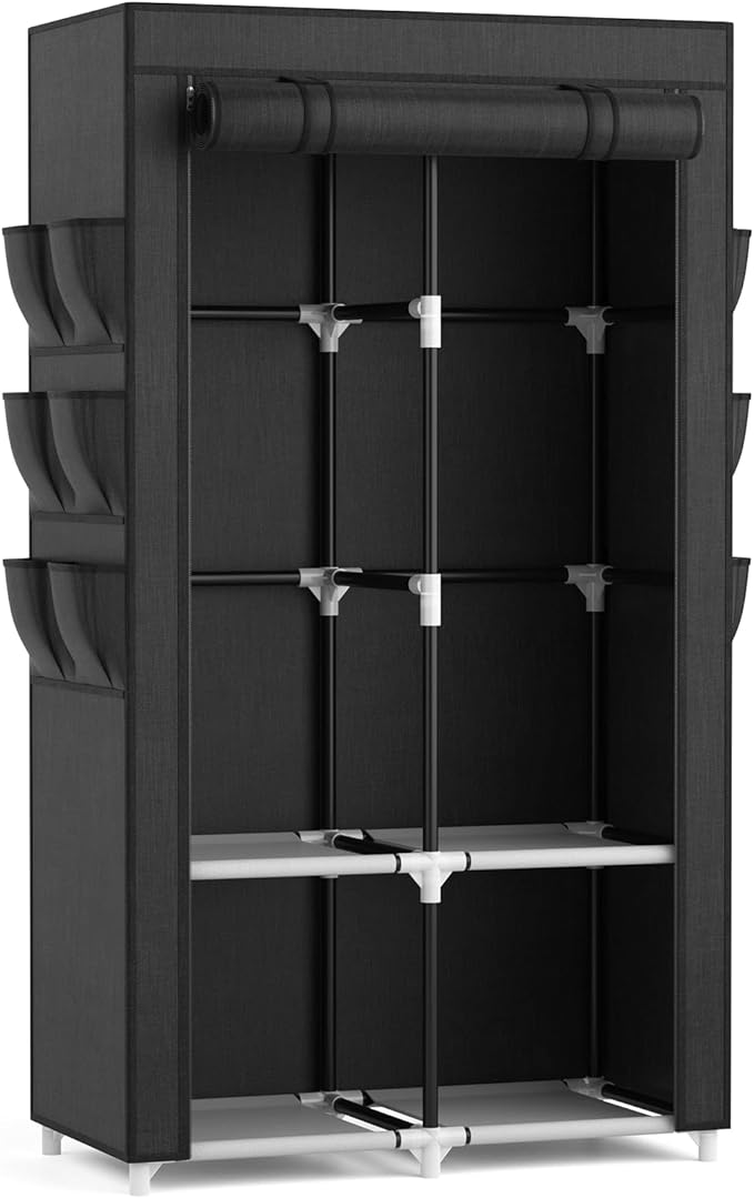 VTRIN Portable Closet Wardrobe Closet for Hanging Clothes with 4 Storage Shelves, 2 Hanging Rods and 6 Pockets, Stable and Easy Assembly Clothes Rack with Cover Free Standing Closet for Bedroom, Black