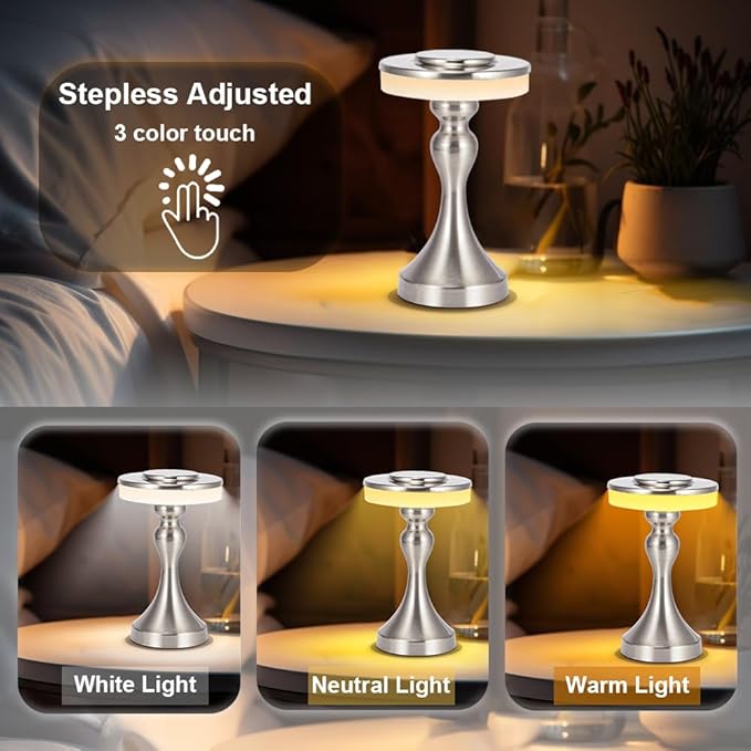 Portable Metal LED Table Lamp,Cordless Battery Table Lamp,3 Color Touch Control Rechargeable Desk Lamp,3-Levels Brightness Bedside Battery Lamp,Night Light for Kids Nursery,Dining Room Lamp