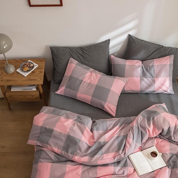 FACE TWO FACE Bedding Duvet Cover Set100% Washed Cotton Duvet Cover Linen Like Textured Breathable Durable Soft Comfy (California King, Grey Powder Grid)